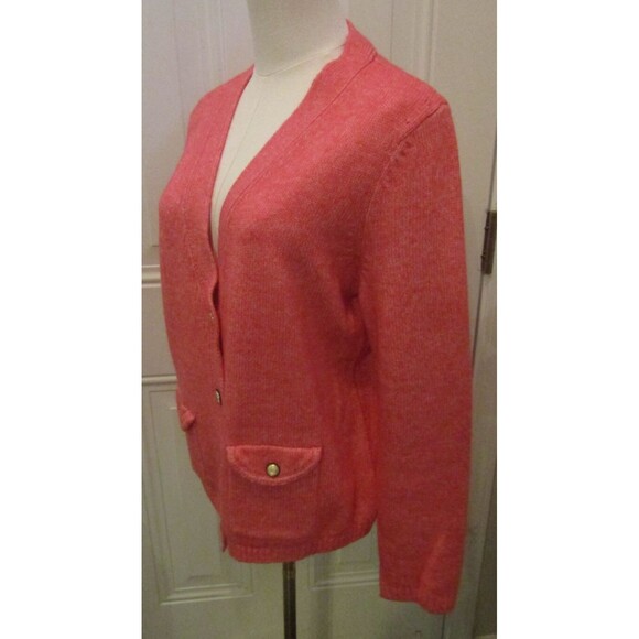 Talbots Honeysuckle Cardigan Flap Pockets V Neck Coral Button Front Sweater Sz L - Picture 6 of 9